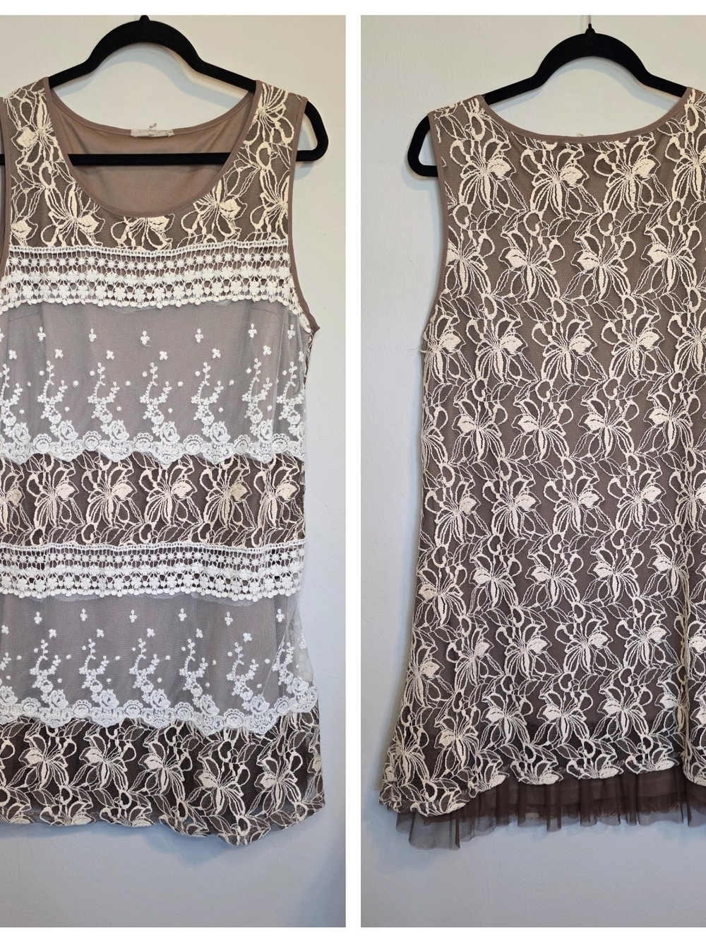Ryu Taupe Dress with White Lace Overlay